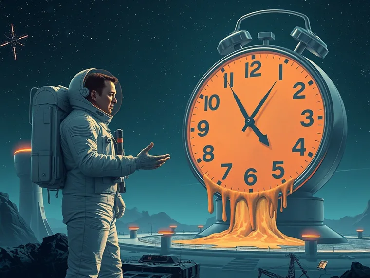 AI illustration: Elon Musk shrugging beside a giant melting clock