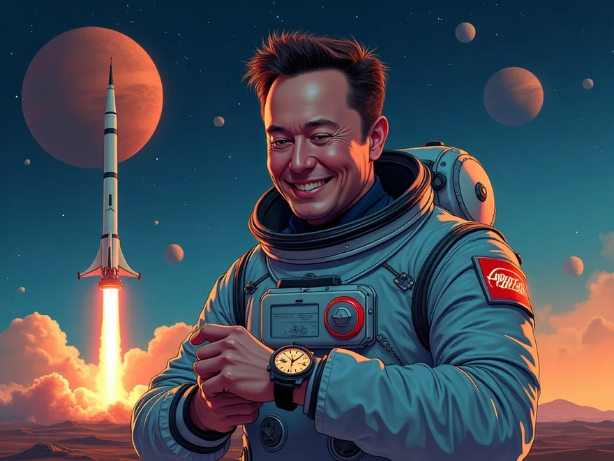 AI-generated illustration of Elon Musk checking a countdown clock in a retro-futuristic spaceport
